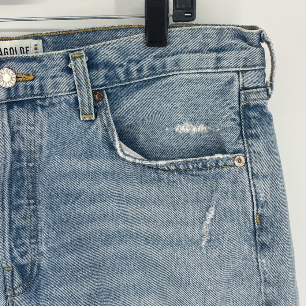 Agolde Parker Long Denim Shorts Swapmeet Light Blue Wash Women Size 31 Raw Hem - Picture 7 of 15